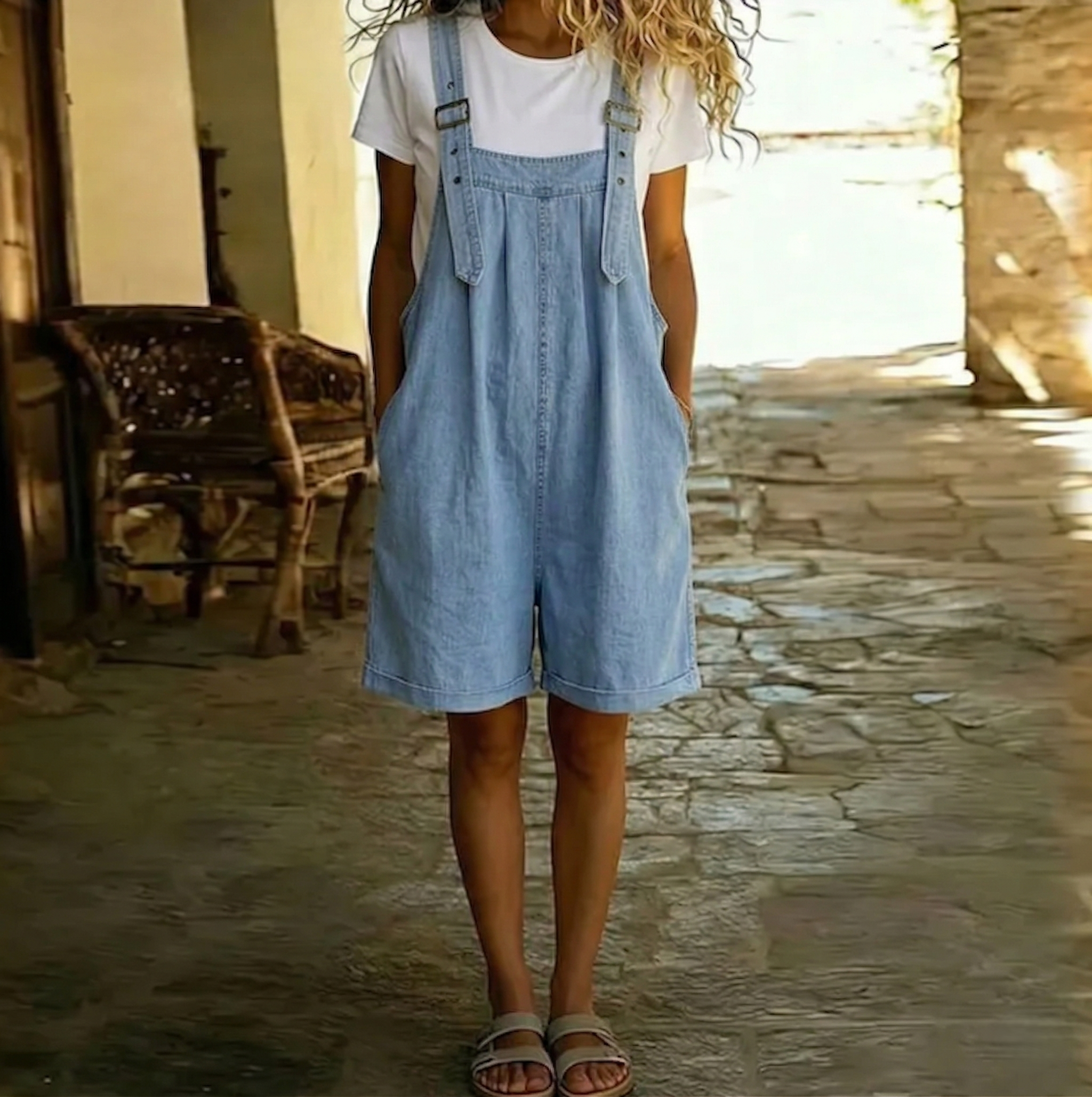 Isabel - Short Denim Jumpsuit with Soft Cotton-Look Fabric and Vintage Wash, Light Blue