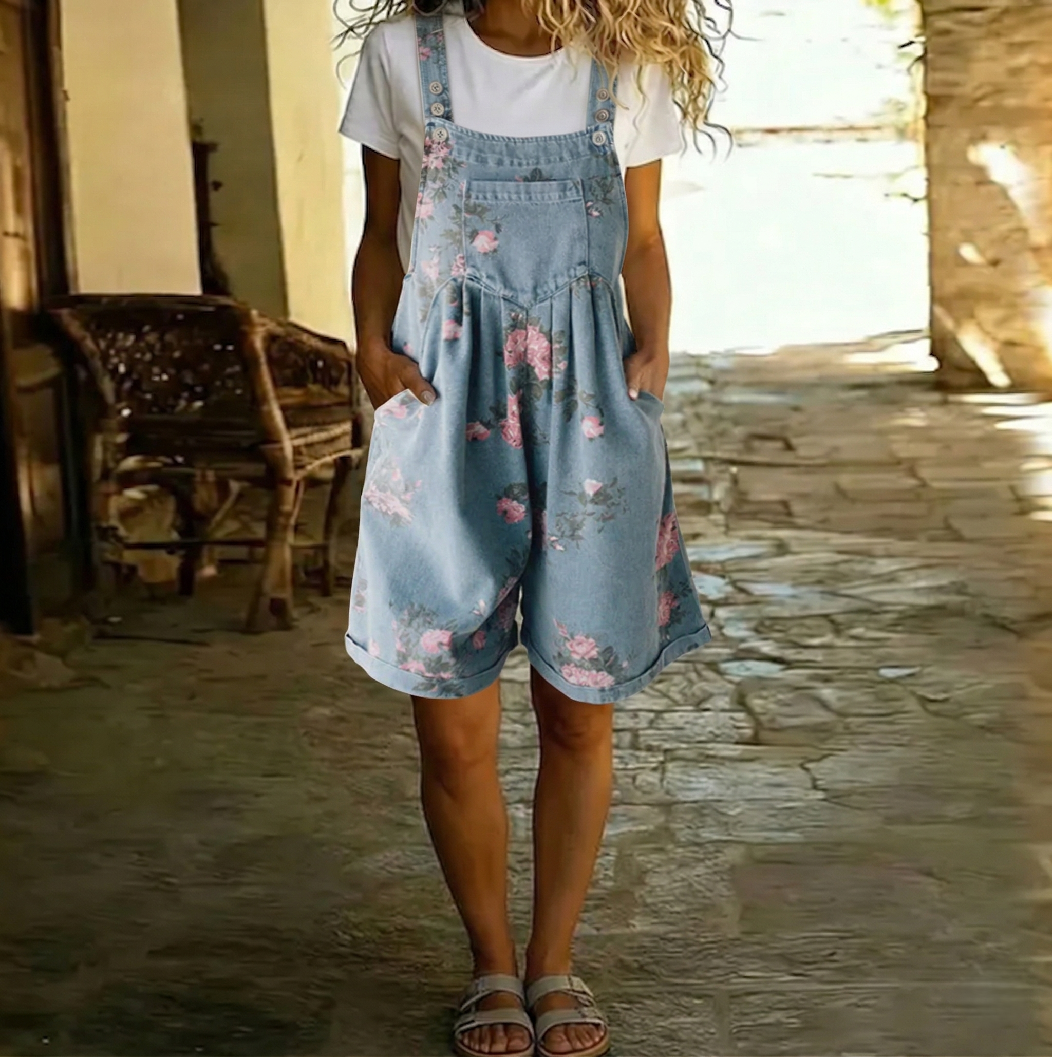 Adriana - Floral denim jumpsuit with soft cotton and vintage wash