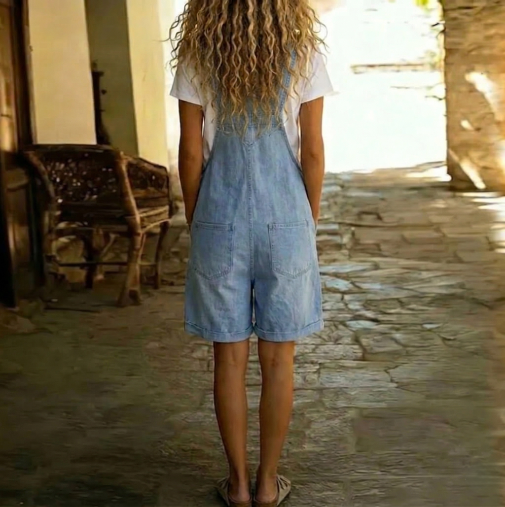 Isabel - Short Denim Jumpsuit with Soft Cotton-Look Fabric and Vintage Wash, Light Blue