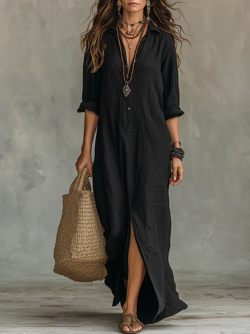 Soline | Maxi Black Dress with Buttons