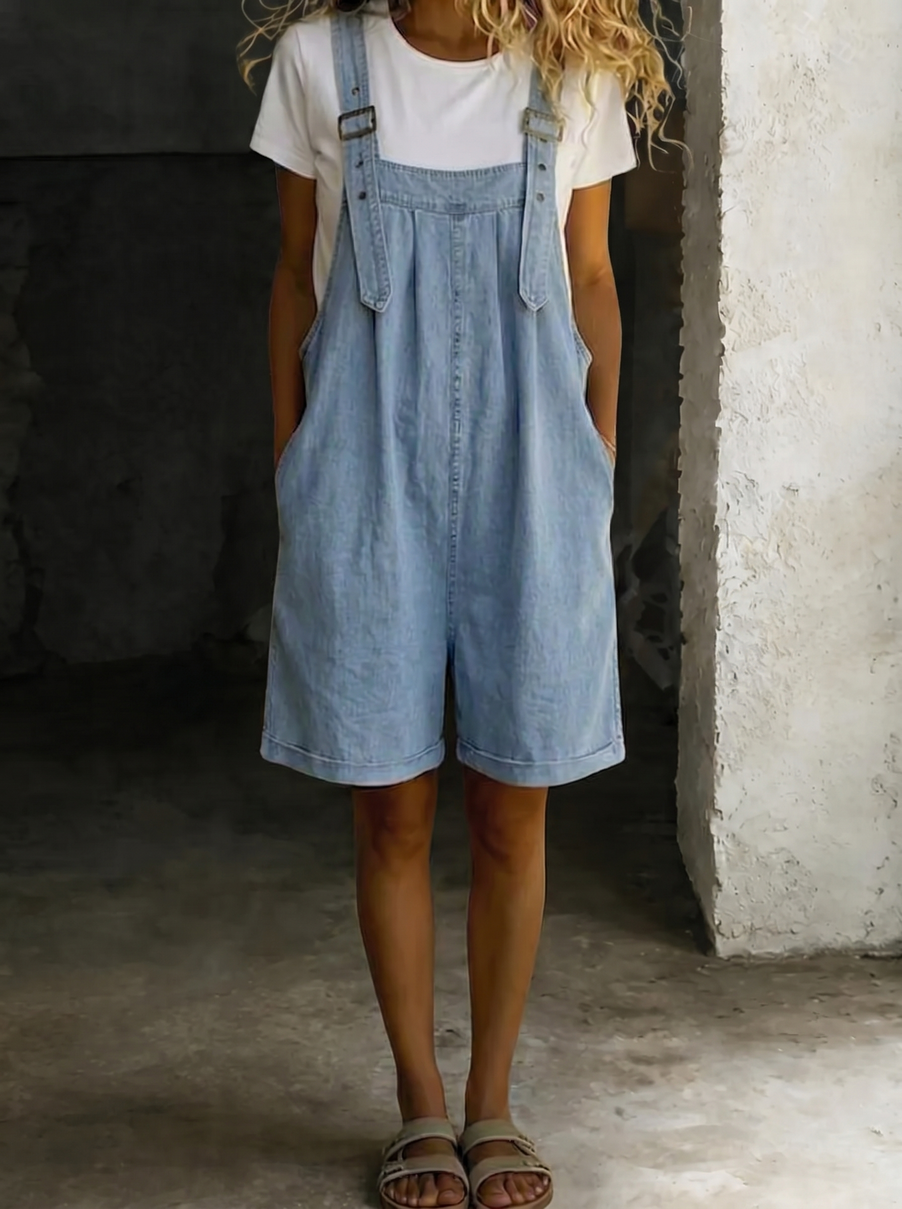 Isabel - Short Denim Jumpsuit with Soft Cotton-Look Fabric and Vintage Wash, Light Blue