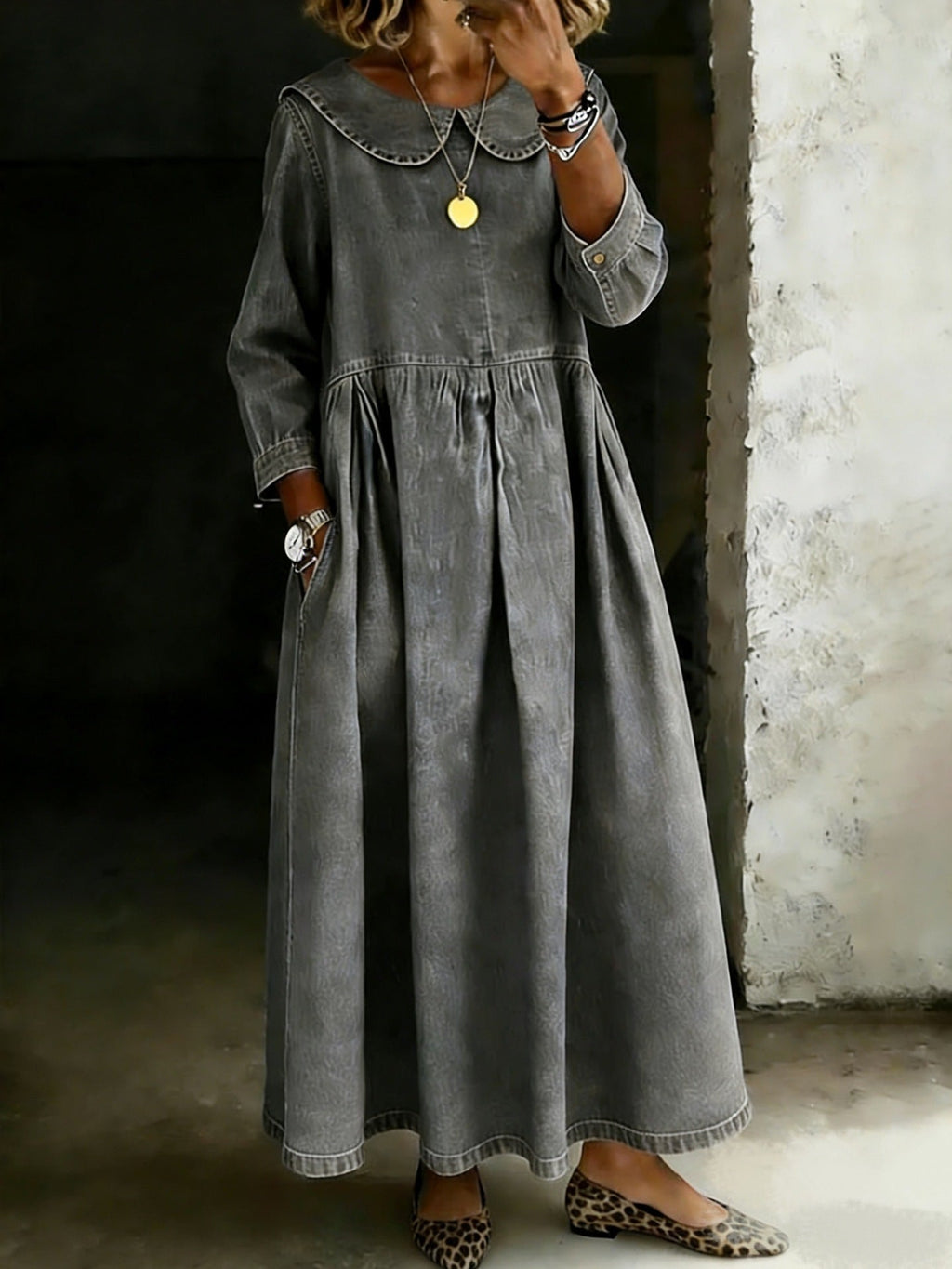Melissa | Long-Sleeve Denim Dress with Round Neck